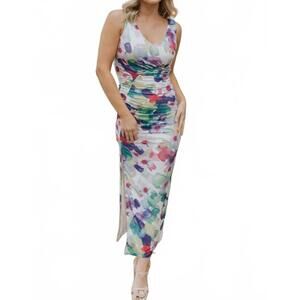 NEW BIG WATER BLUE SKY in bloom midi dress in white/ purple/ blue
